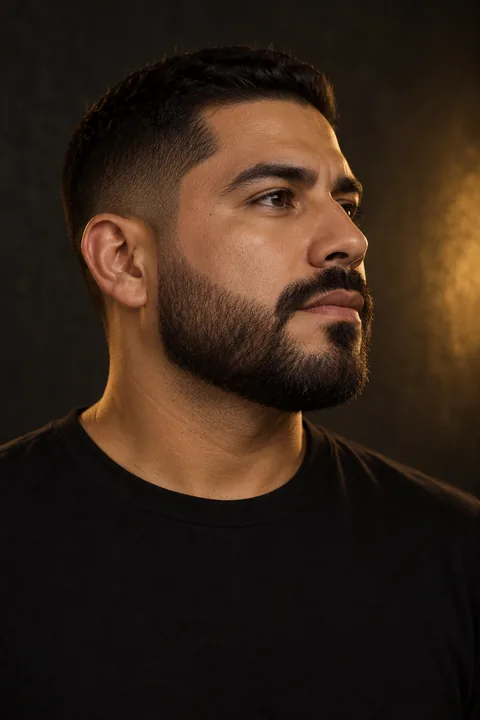 Retrato de referencia de un hombre adulto con barba corta definida de perfil.