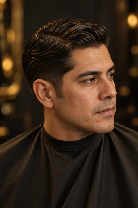 Retrato de referencia de un hombre adulto, corte clásico de tijera con raya lateral.