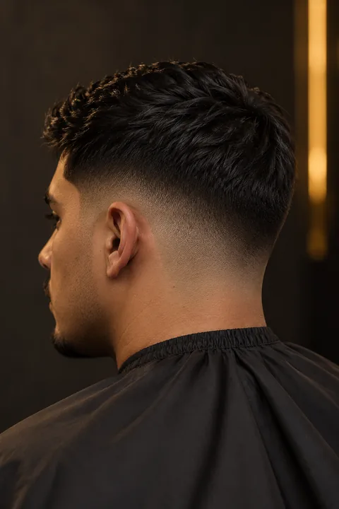Retrato de referencia de un hombre adulto, vista posterior lateral de un degradado bajo.