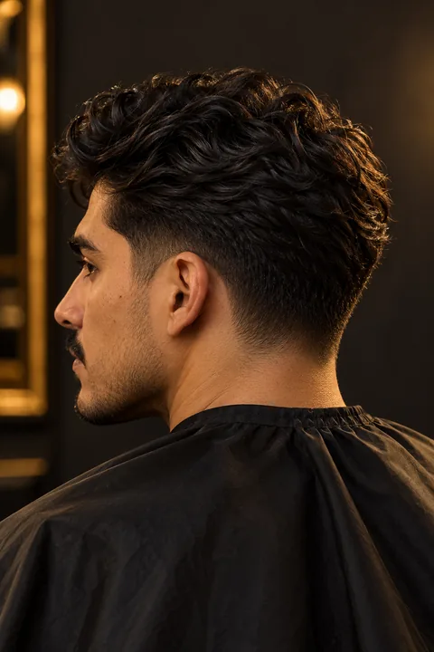 Retrato de referencia de un hombre adulto, cabello oscuro ondulado y laterales rebajados.