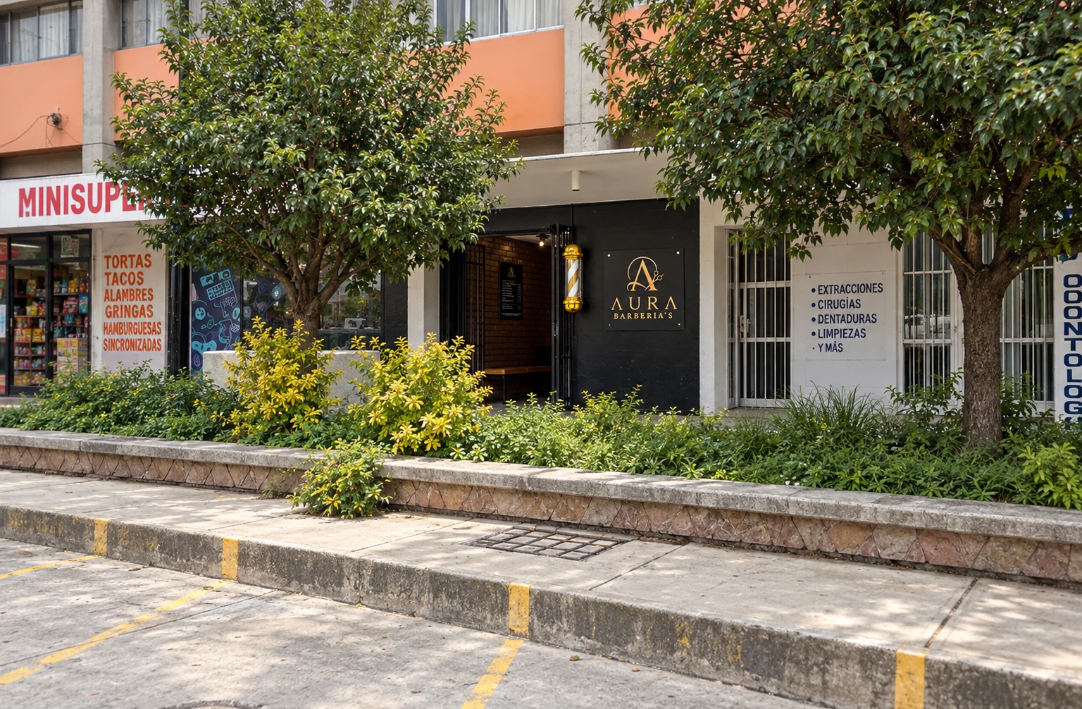 Vista de referencia desde fuera: Aura entre los comercios, detrás de la jardinera y los árboles del edificio.