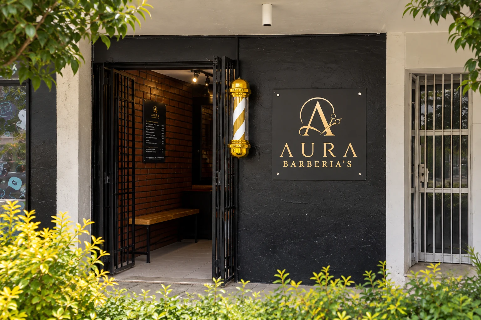 Vista frontal de referencia de Aura: entrada con ladrillo, poste dorado y rótulo negro junto a la jardinera.